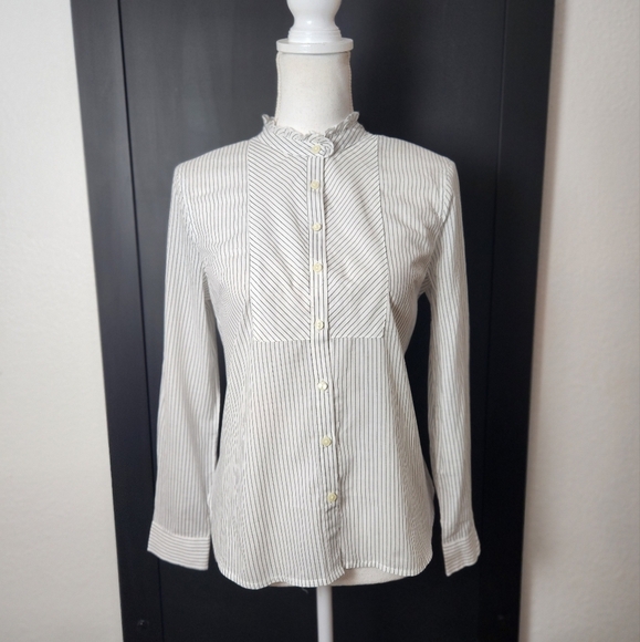 NWT Talbots Striped Ruffled Neck Roll Up Sleeve Button Up Shirt Size PS - Picture 1 of 10